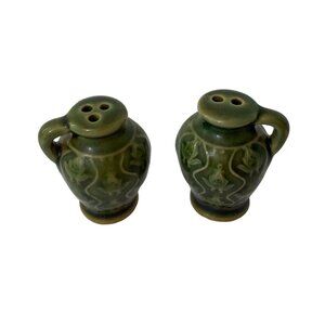 Vintage Handpainted Mini Pottery Picthers Pepper and salt shakers Green MCM
